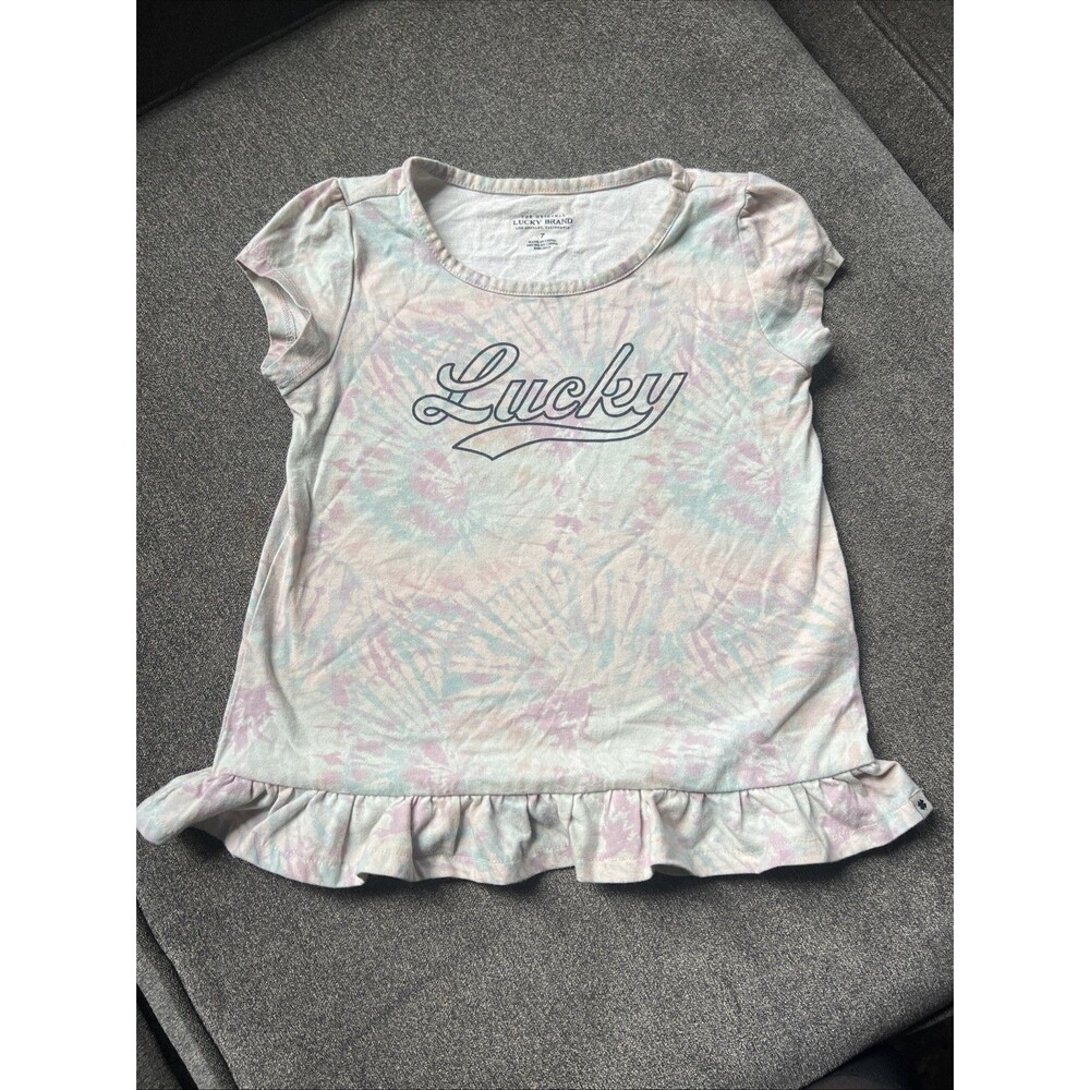 Lucky Brand Top Girl's Size 7 Multicolor Short Sleeve Ruffle Round‎ Neck Casual